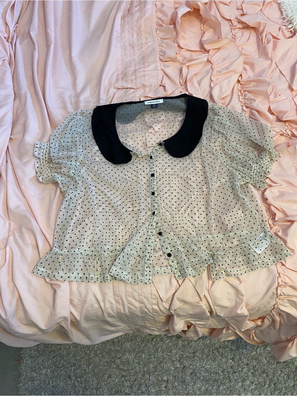 American Eagle Sheer Polka Dot Peter Pan Collar Top - Black Collar, Cream Body